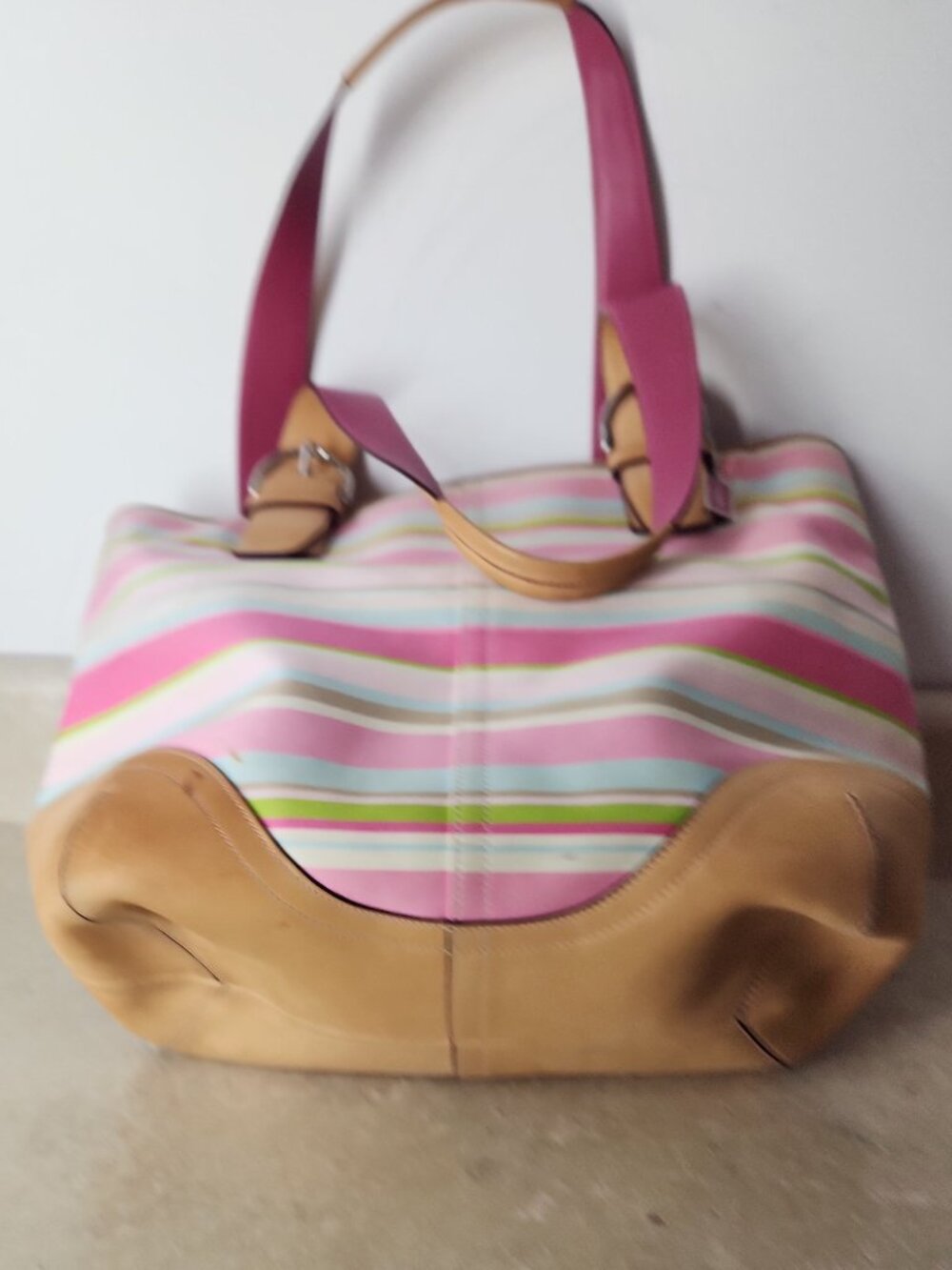 vintage Coach Hampton Stripe Canvas Tote Bag Vachetta leather trim M05S-5175 - Picture 5 of 16